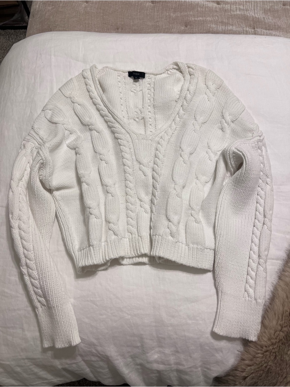J. Crew White Cropped Cable V-Neck Sweater